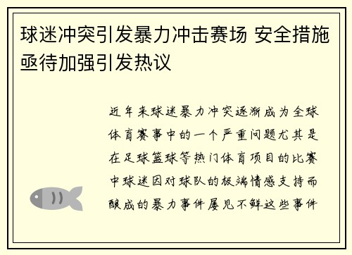 球迷冲突引发暴力冲击赛场 安全措施亟待加强引发热议