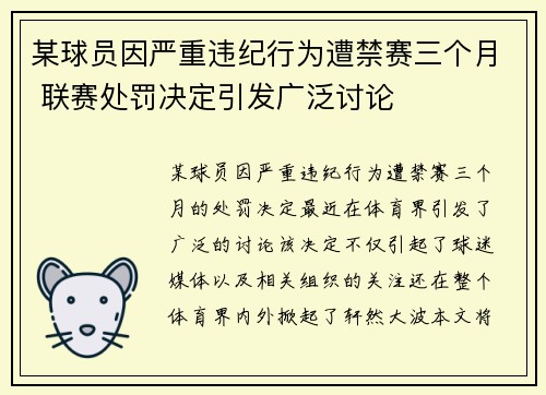 某球员因严重违纪行为遭禁赛三个月 联赛处罚决定引发广泛讨论
